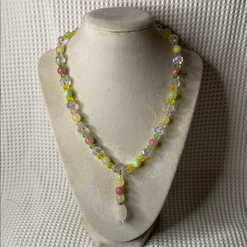 Handcrafted Multi Colored Jade and Crystal Necklace Sz 22”